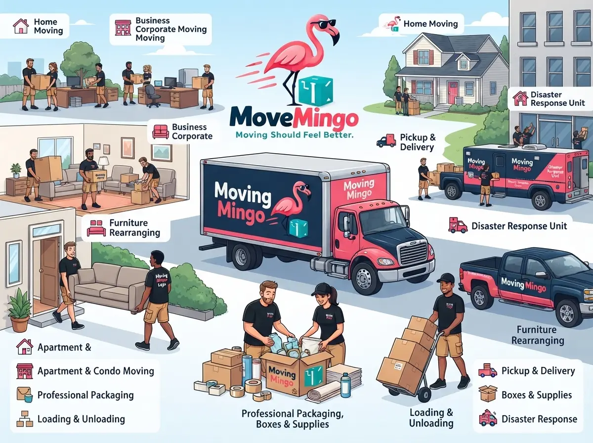 The MoveMingo team standing in front of a flamingo-wrapped moving truck