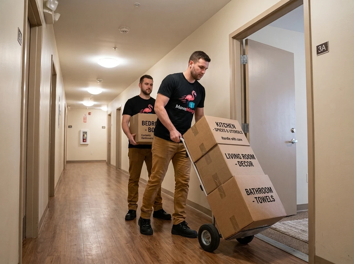 MoveMingo movers carrying boxes into an apartment building elevator lobby