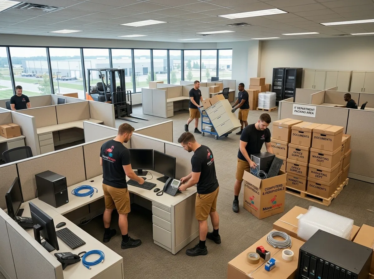 MoveMingo crew moving office desks and chairs in a modern office