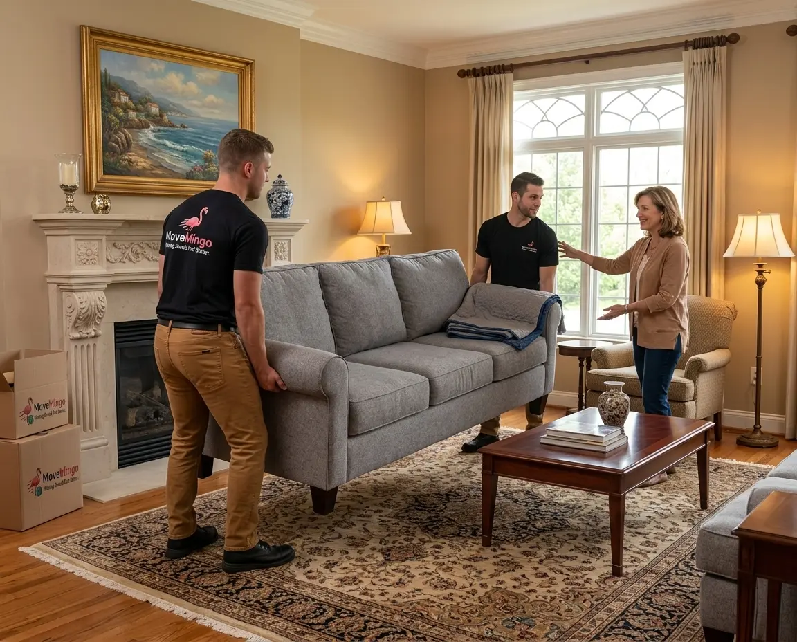 Two MoveMingo movers repositioning a sofa in a bright living room
