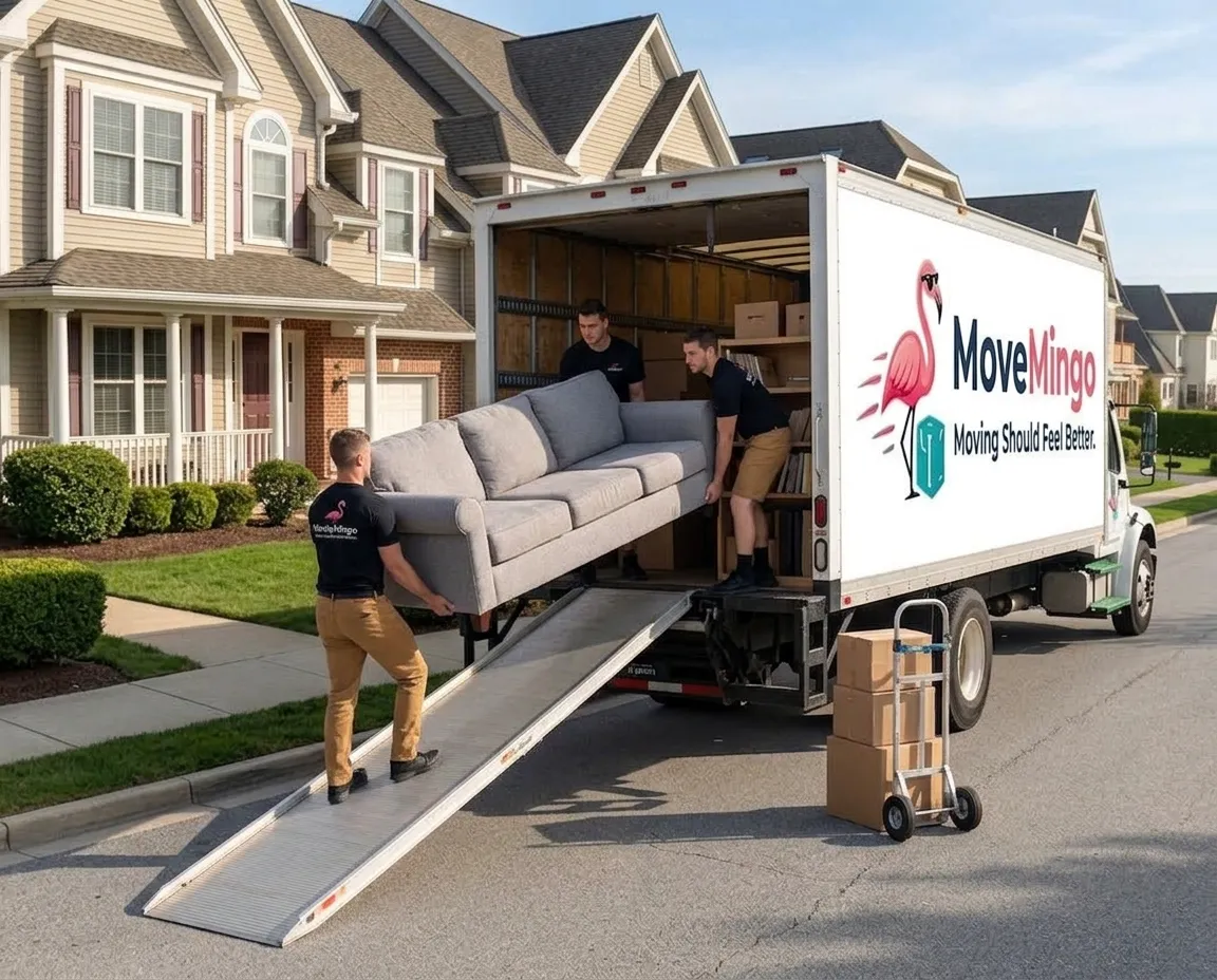 MoveMingo movers loading furniture into a rental moving truck with a ramp
