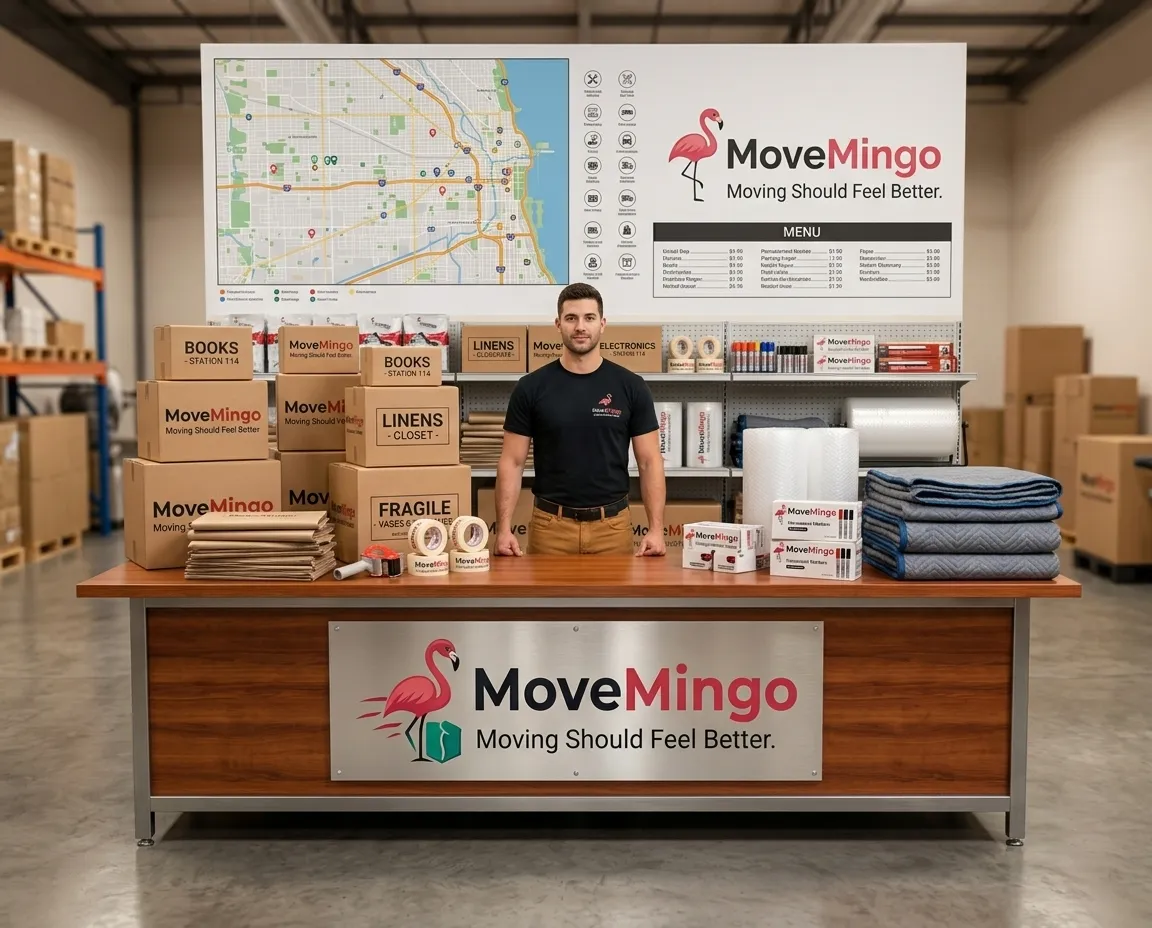 Stack of MoveMingo branded moving boxes, tape and packing paper