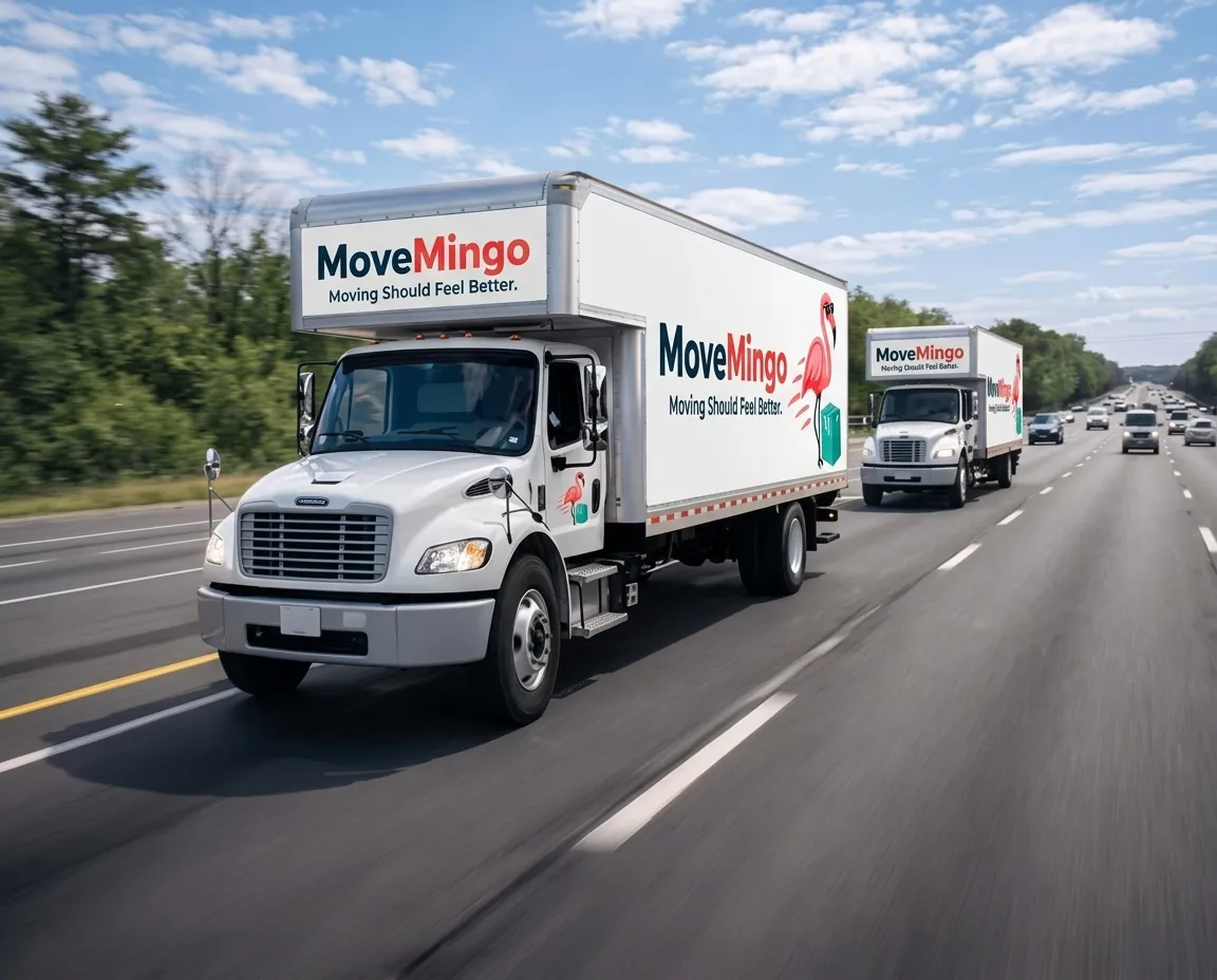 MoveMingo truck with coral flamingo wrap parked at a Massachusetts home