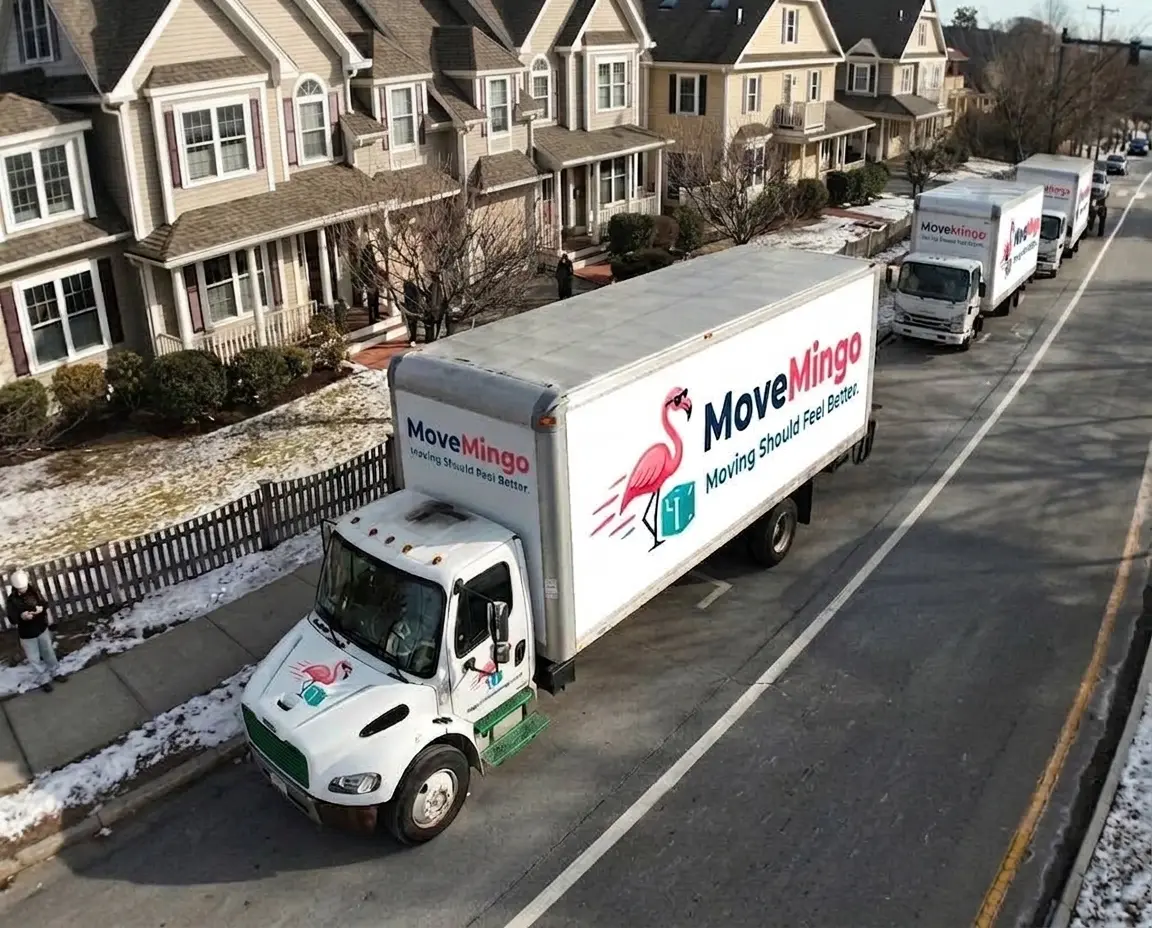 Uniformed MoveMingo movers carrying a wrapped sofa out of a colonial-style home