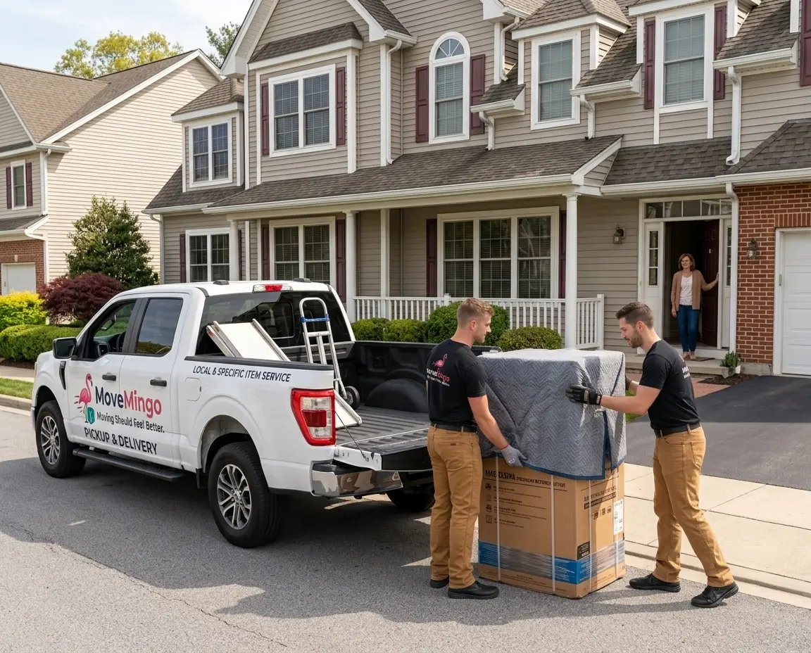 MoveMingo mover carrying a wrapped armchair from a moving truck to a front door