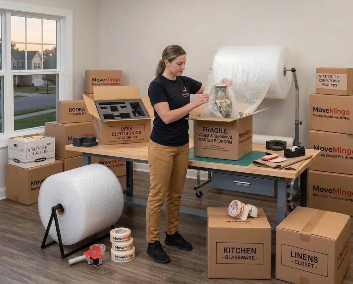 MoveMingo packer wrapping dishes in packing paper at a kitchen counter